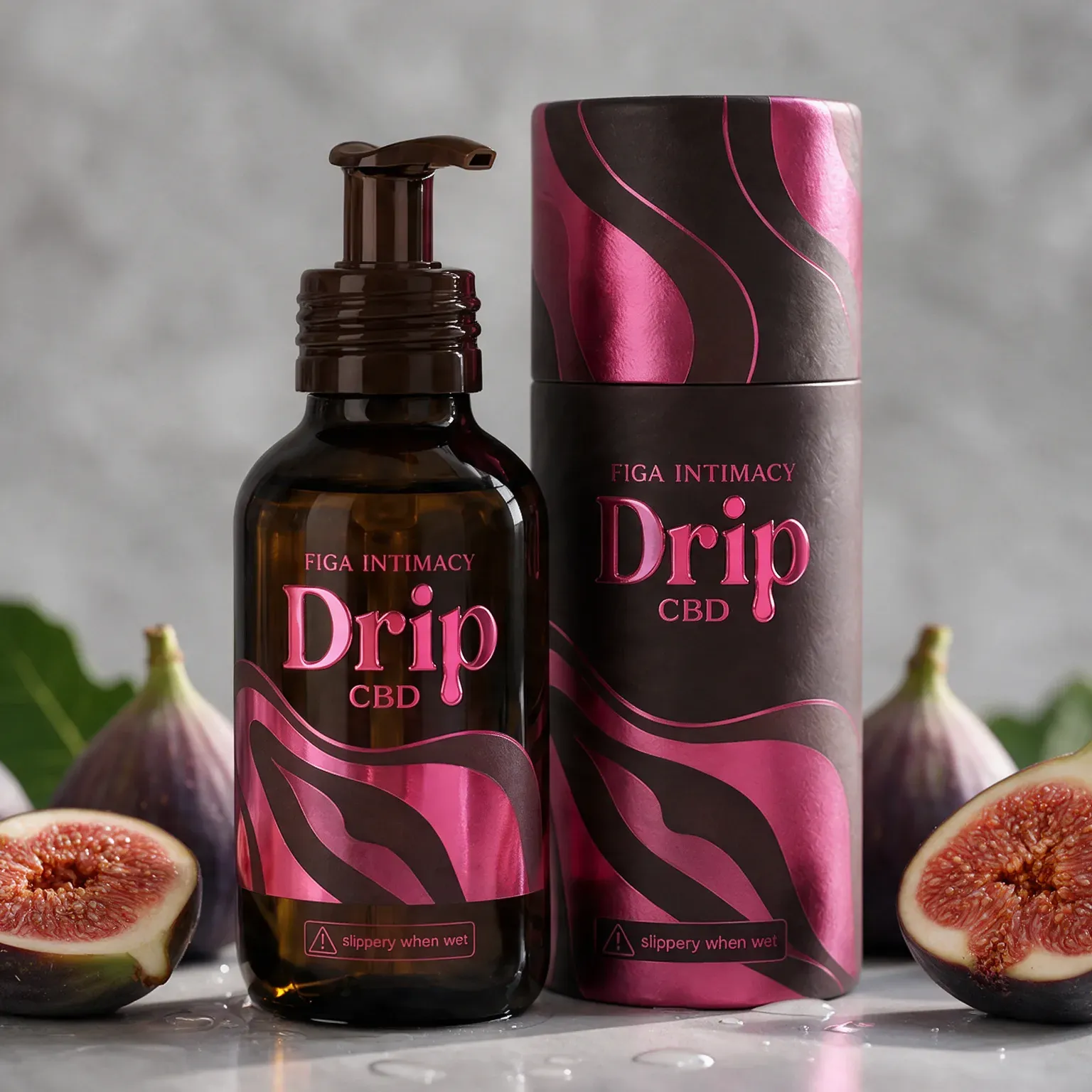 Drip 2 oz pump bottle next to its magenta and cocoa gift tube