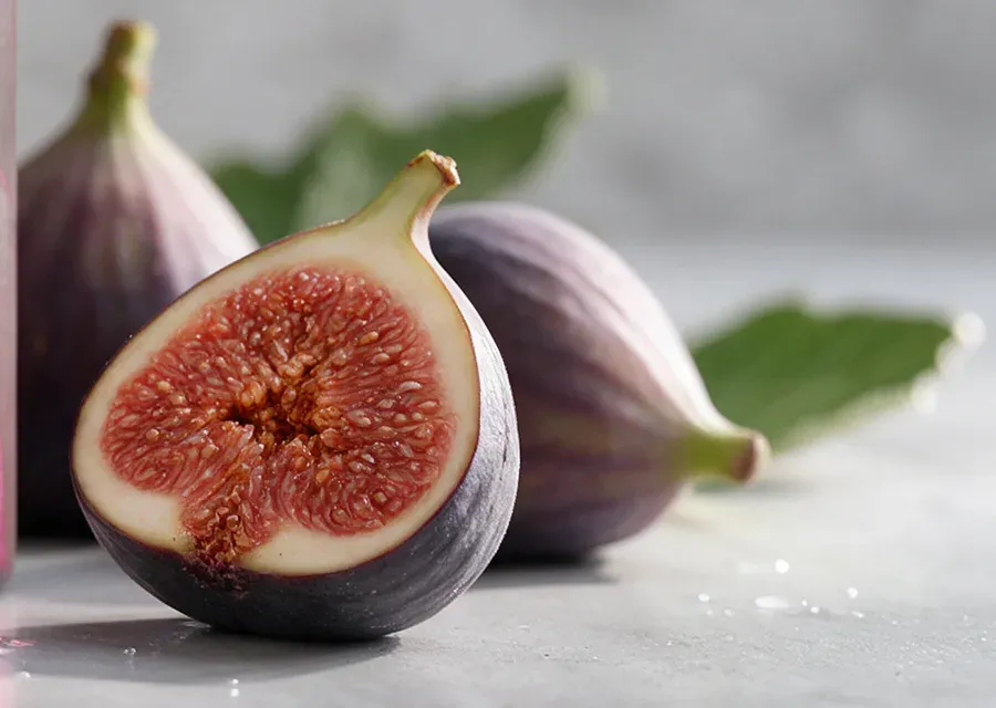A halved fresh fig with its pink center