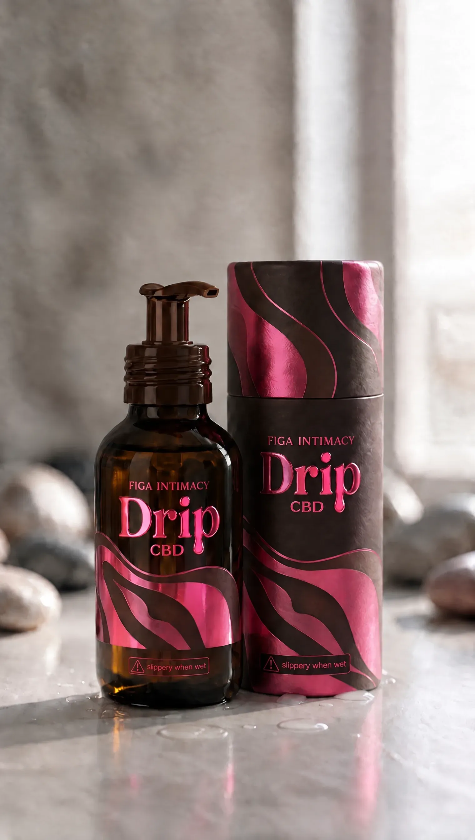 Drip CBD lubricant bottle and tube on a wet stone counter